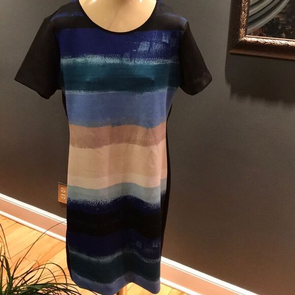 Reed stripe sky blue scuba fabric stretch midi, Lg - Picture 1 of 6